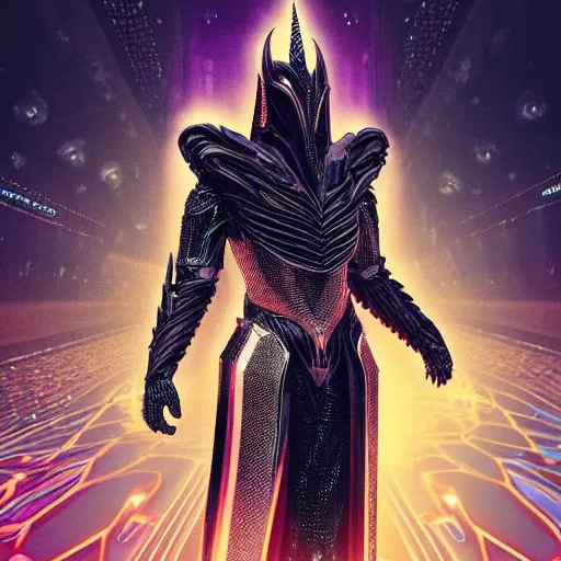 Prompt: “Powerful dark sleek humanoid being wearing iridescent shimmering cosmic armor of Sauron made of circuit boards (Epic scene, rich atmosphere, octane render, full body portrait)”