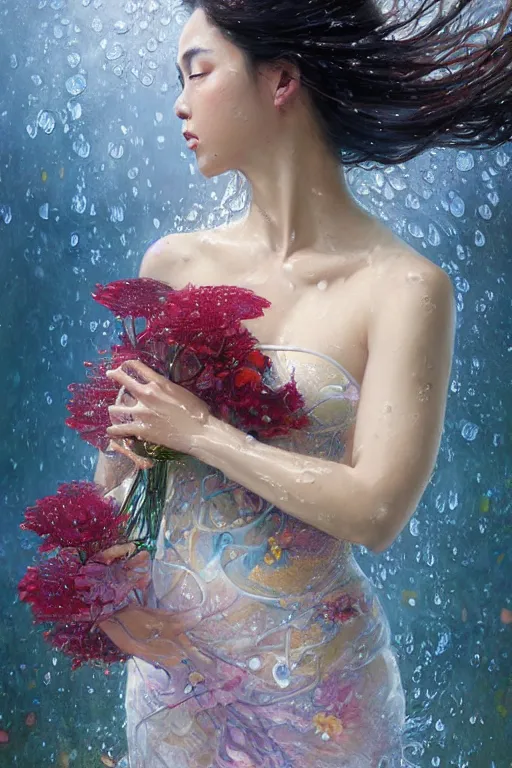 Prompt: portrait of a beautiful woman wearing a cheongsam dress, holding a bouquet of flowing flowers, drenched body, wet dripping hair, emerging from the water, fantasy, regal, fractal crystal, fractal gems, by stanley artgerm lau, greg rutkowski, thomas kindkade, alphonse mucha, loish, norman rockwell