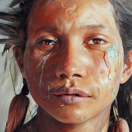 Image similar to high quality high detail painting by jenny saville, hd, a skinny beautiful indigenous woman tribe leader, hair in wind, photorealistic lighting