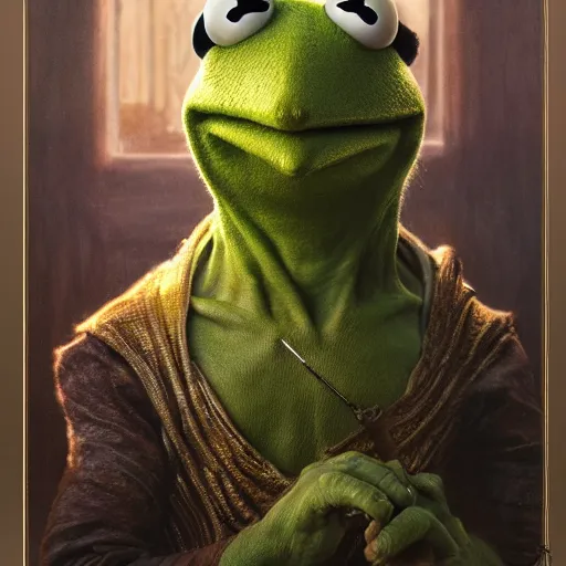 Image similar to kermit the frog as Aragorn by Alan Lee, leather armor, golden hour, concept art, detailed clothing, art station, oil painting, art by artgerm and greg rutkowski and alphonse mucha