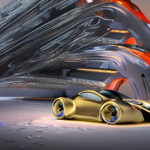 Image similar to car : motherboard forms designed by zaha hadid, a bit of graffiti forms sci-fi futuristic ultra realistic photography, keyshot render, octane render, unreal engine 5 render, high oiled liquid glossy specularity reflections, ultra detailed, golden hour, dramatic lighting 4k, 8k, 16k in the style ofblade runner 2049 Cyberpunk 2077 ghost in the shell thor 2 marvel film : tilt shift: sharp focus