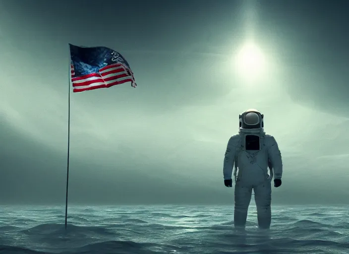 Image similar to astronaut holding a flag in an underwater desert. a submarine is visible in the distance. dark, concept art, cinematic, dramatic, atmospheric, 8 k, trending on artstation, blue, fish, low visibility, fog, ocean floor, christopher nolan, interstellar