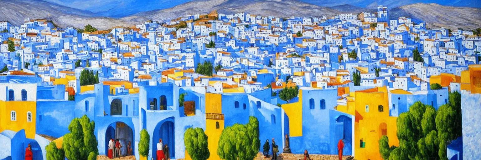 Prompt: Chefchaouen cityscape oil painting magritte