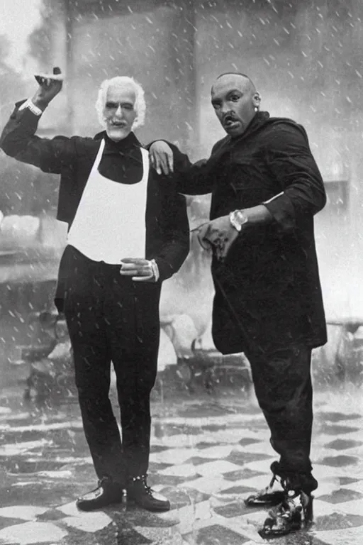 Image similar to arturo tuscanini and dr dre working on a rap song, making spaghetti, lifelike, in a rain storm