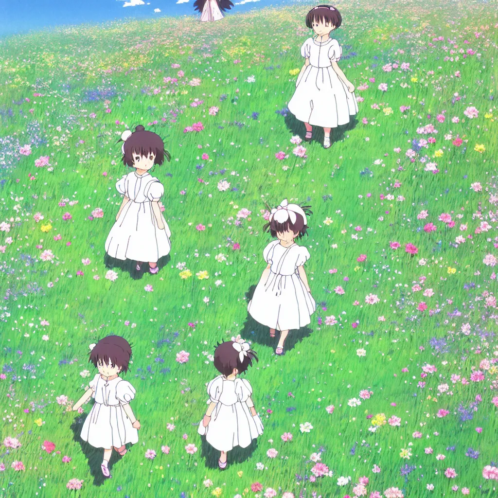 Image similar to little girl in princess dress, walking through a field of flowers, puffy clouds, beautiful, summer, calm, studio ghibli, art by hayao miyazaki, makoto shinkai