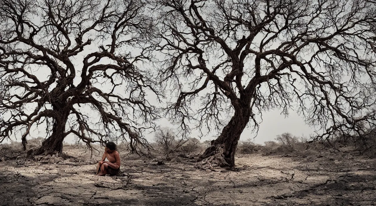 Prompt: 65-year-old tree-like Gaia Goddess crying one emotionless tear, facing the camera and sitting on a dried up river in a desolate land, blue sky, hot and sunny, highly-detailed, elegant, dramatic lighting, artstation, 4k, cinematic landscape, photograph by Elizabeth Gadd