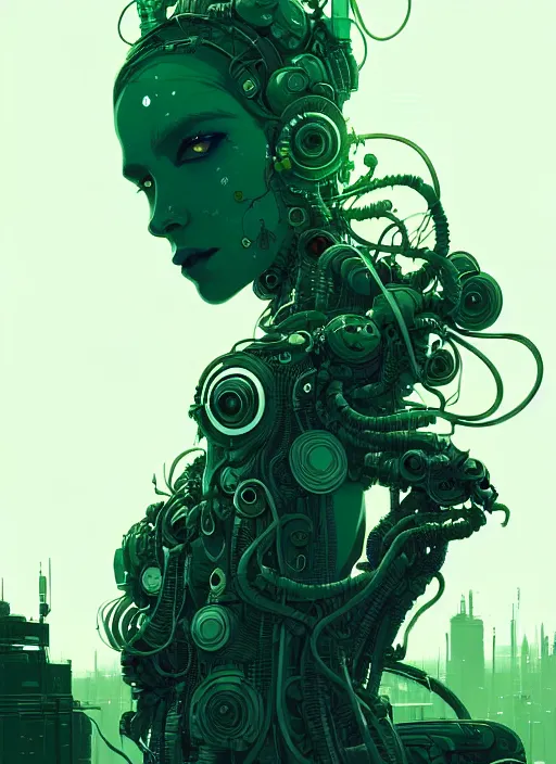 Image similar to highly detailed portrait of a biopunk long curly white hair tribal lady, stray wiring by atey ghailan, james gilleard, by joe fenton, by greg rutkowski, by greg tocchini, by kaethe butcher, 4 k resolution, gradient green, black and white color scheme!!! ( ( green caustic robotic dystopian city background ) )