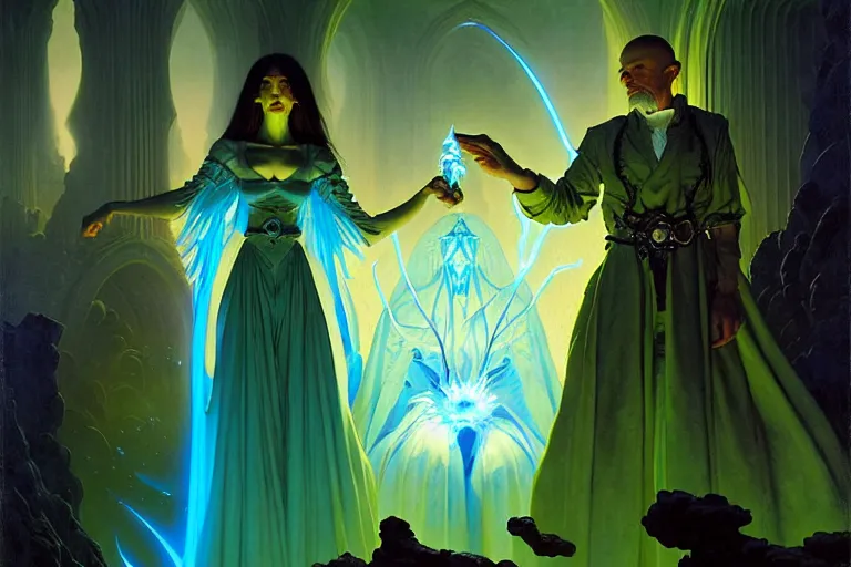 Image similar to the female arcanist and the male artificer by zacharias aagaard and albert bierstadt and gerald brom and james gilleard and wayne barlowe and marc simonetti and jean delville, beautiful, robes, highly detailed, hyperrealistic, intricate, energy, electricity, blue flame, low light, green crystal, high contrast