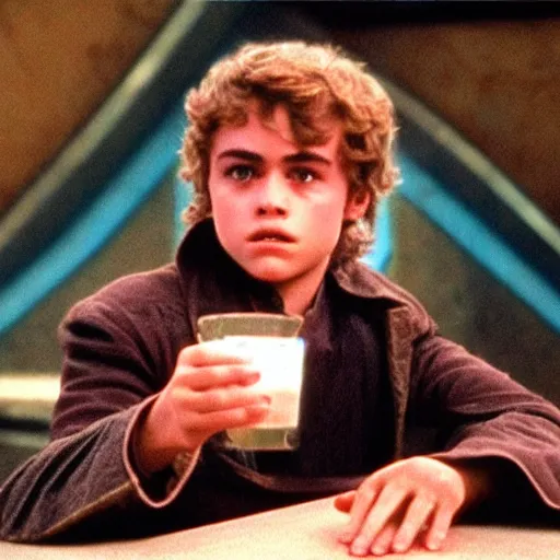 Prompt: young anakin skywalker from attack of the clones sitting at quark's bar on deep space nine, 3 5 mm photography, highly detailed, cinematic lighting, 4 k