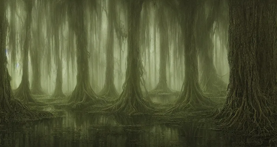 Image similar to A dense and dark enchanted forest with a swamp, by john howe