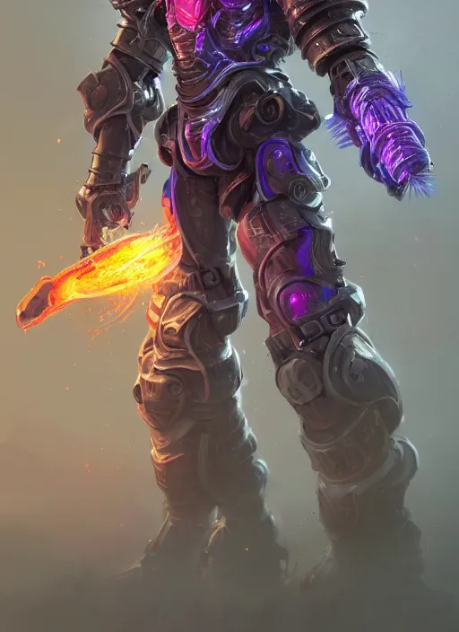 Image similar to a highly detailed illustration of dieselpunk cyber knight with flowing flaming plume with machine gun arms, rigid bulky armor, purple glowing cracks in armor, dramatic standing pose, intricate, elegant, highly detailed, centered, digital painting, artstation, concept art, smooth, sharp focus, league of legends concept art, WLOP