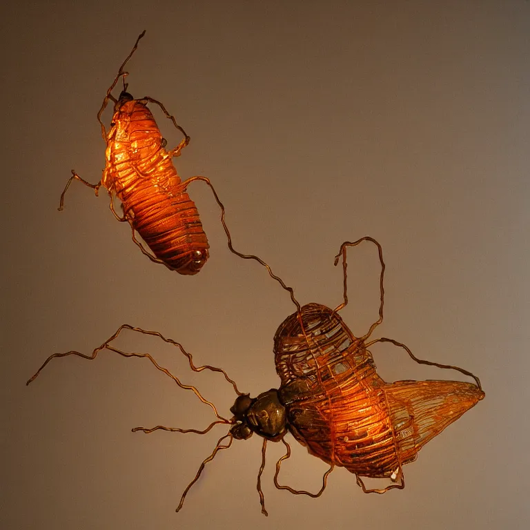 Prompt: hyperrealistic sculpture of a bronze fossilized cicada moth in a large cage made of orange nylon wire and beeswax on a pedestal by ron mueck and duane hanson and lee bontecou, hyperrealistic dramatic colored lighting trending on artstation 8 k