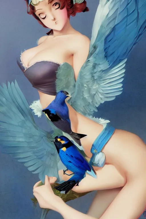 Image similar to anime pinup girl holding an indigo bunting, bird, the bird is wearing a bowtie, by greg rutkowski, rossdraws, gil elvgren, enoch bolles, anime, porcelain skin, very coherent