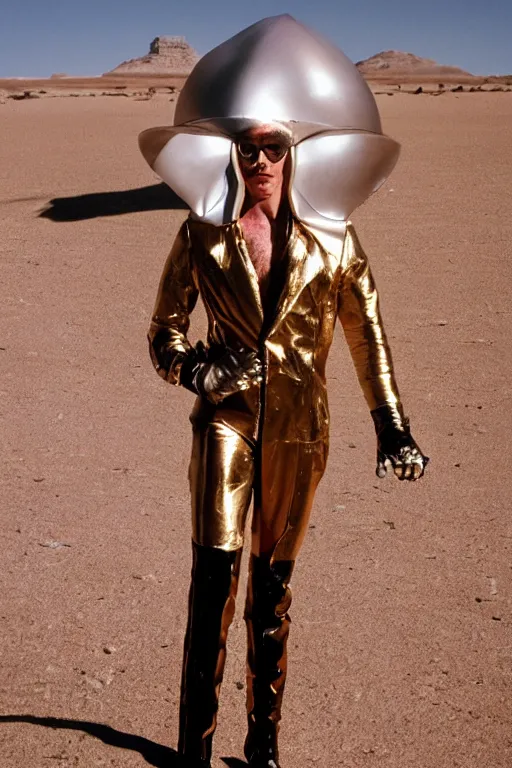 Image similar to portrait davis taylor brown dressed in 1 9 8 1 space fantasy fashion, avante garde, shiny metal, standing in a desert