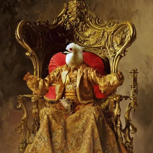 Image similar to portrait of the man chicken emperor of japan dressed as a chicken, sitting on his throne at his palace, highly detailed painting by gaston bussiere, craig mullins, j. c. leyendecker 8 k