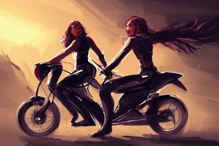 Prompt: a girl is riding a motorbike, digital painting, artstation, the space background,concept art, illustration,