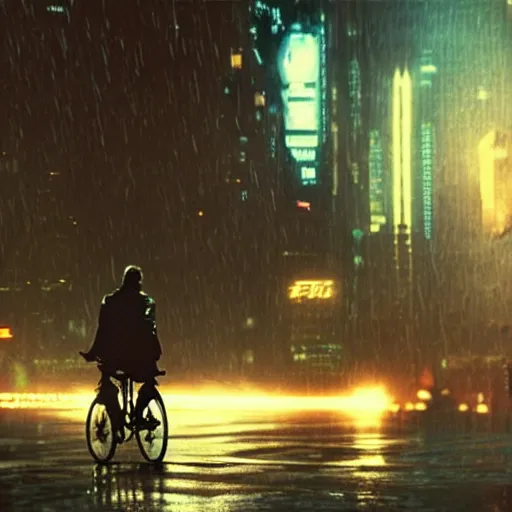 Prompt: action shot of Deckard from Blade Runner (1982) riding a bicycle neon cityscape cyberpunk rain night crowded streets