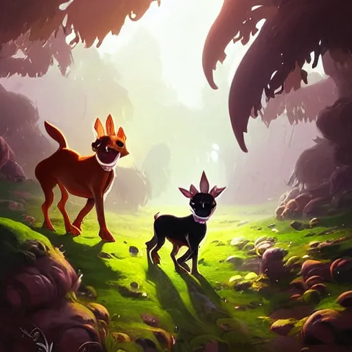 Prompt: two danish swedish farm dogs, one brown tan domino one black white markings, pointy ears, fanart ornate fantasy ori and the blind forest cover style official behance hd artstation by jesper ejsing, by rhads, makoto shinkai and lois van baarle, ilya kuvshinov, rossdraws pastel vibrant