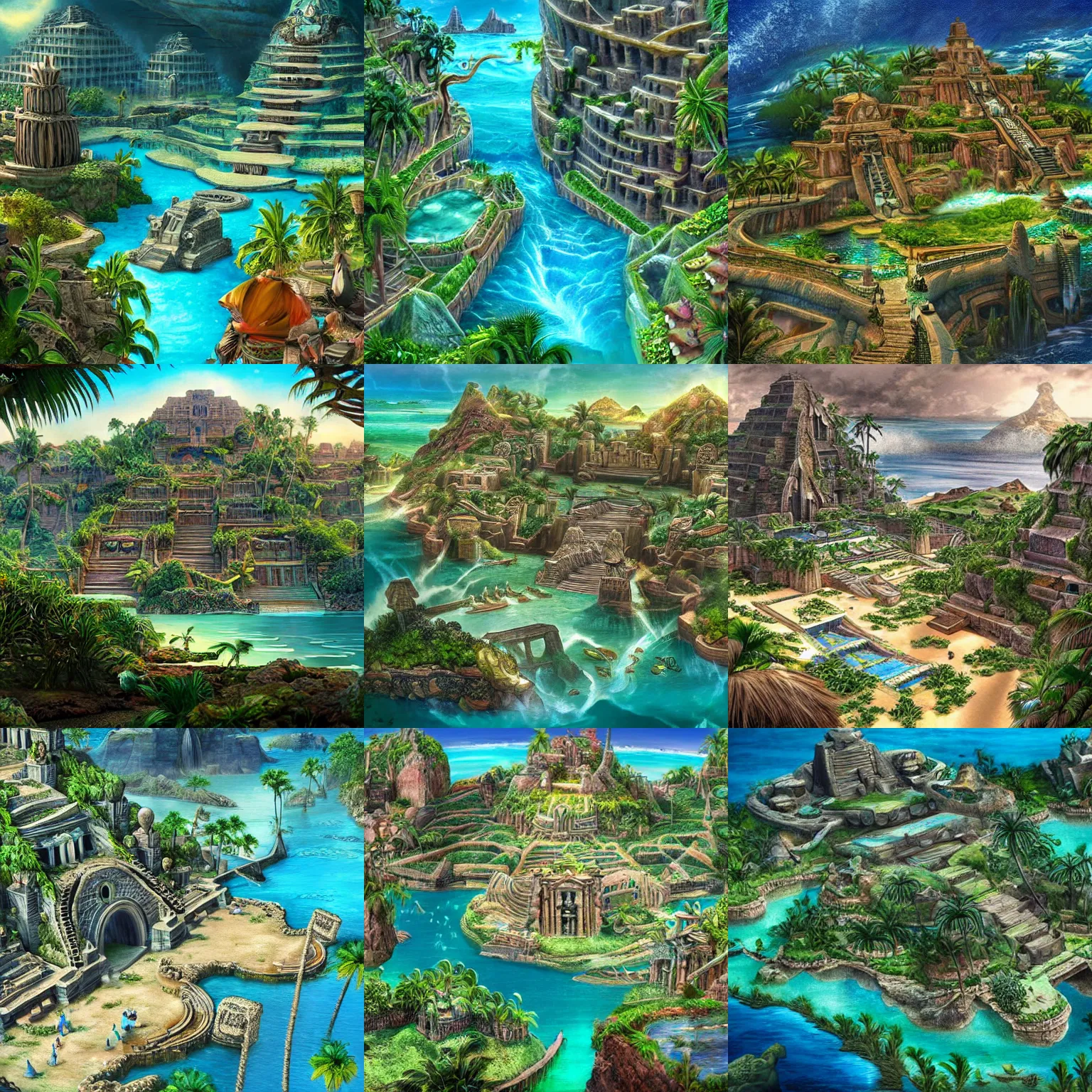 Prompt: a photo of the lost city of atlantis looking like maui, digital art, detailed, ultra realistic