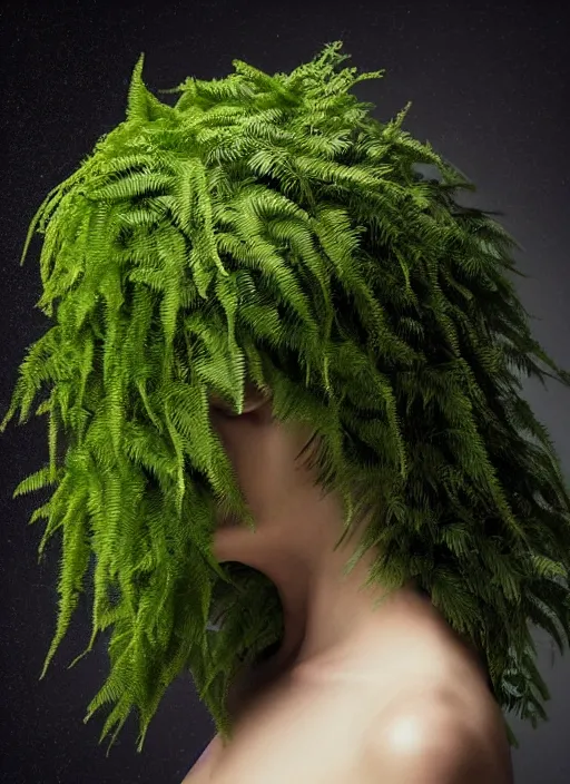 Prompt: a woman's face in profile, long hair made of ferns, in the style of the Dutch masters and Gregory Crewdson, dark and moody