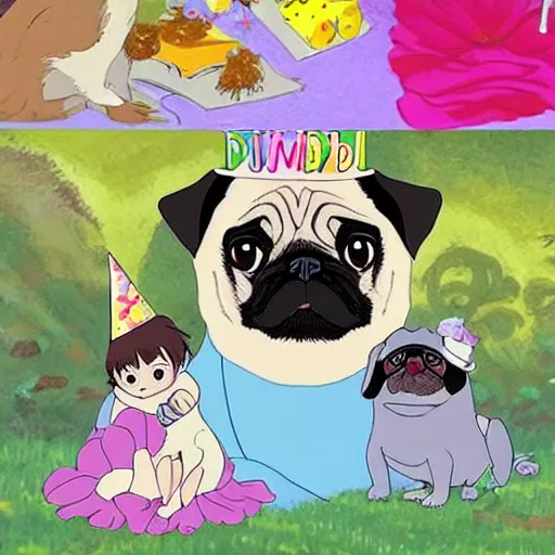 Image similar to Pug birthday in the style of studio Ghibli