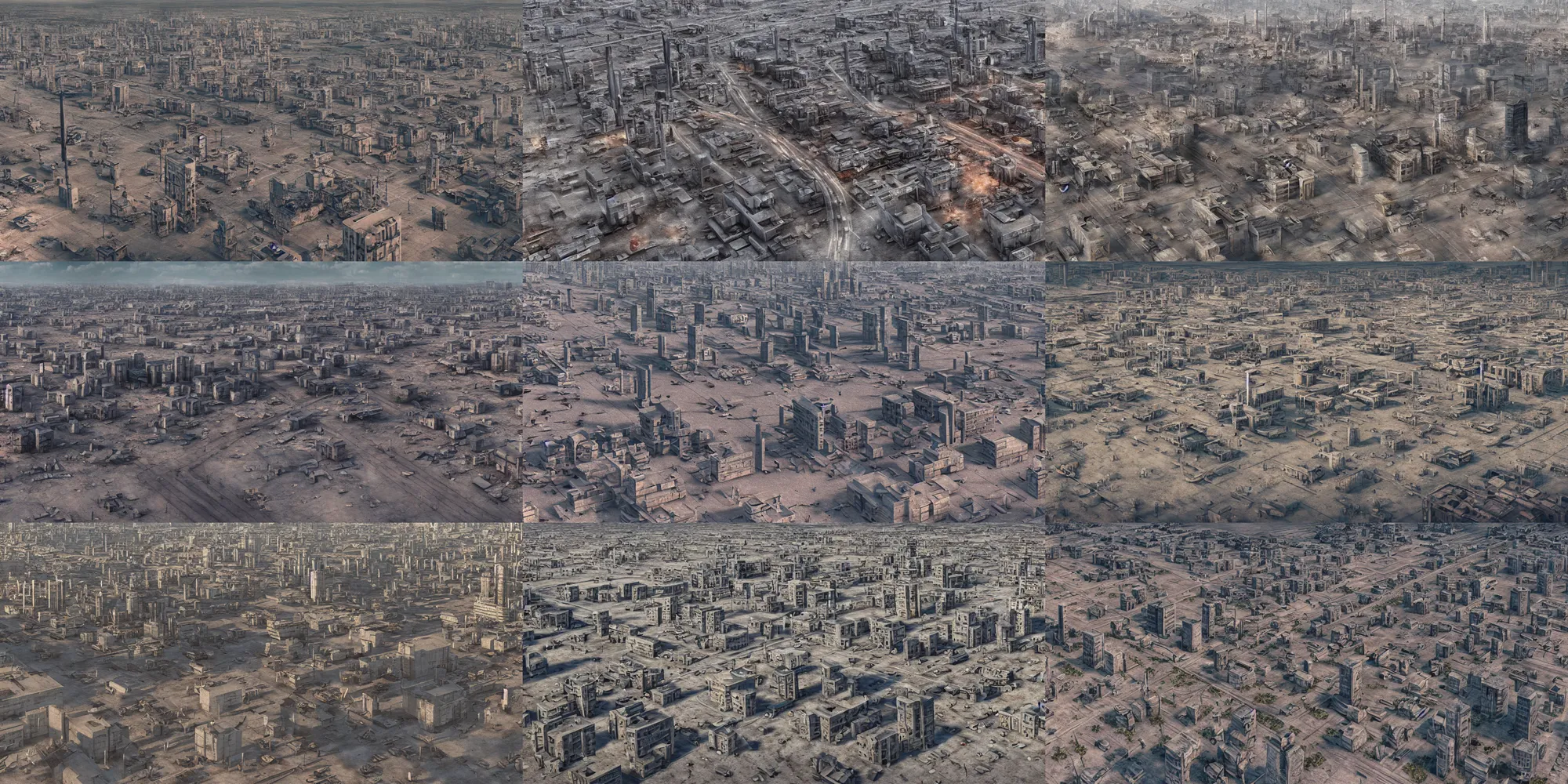 Prompt: an 8K photograph of a wartorn soviet city with elements of a modern city viewed from a birds eye view dystopian wasteland, hyperrealism photorealistic photography hyper real resolution cinematic, Beautiful, Vray, Octane Render