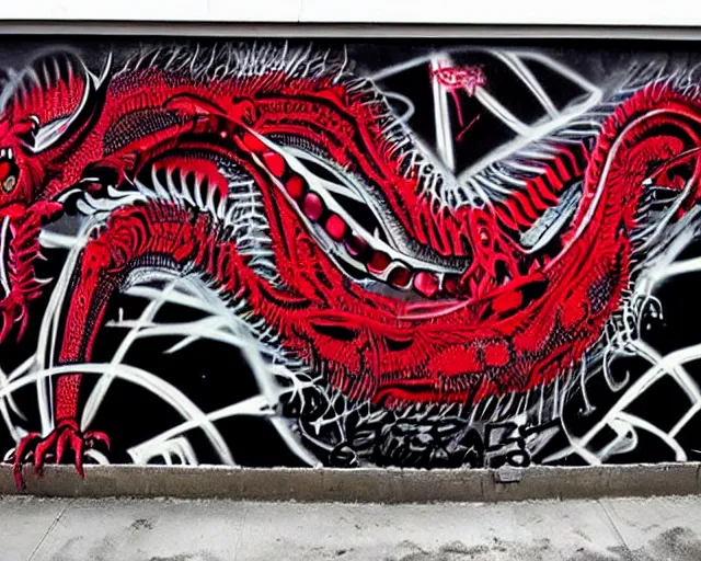 Prompt: 16k footage of a wall that has some lovecraftian graffiti on it inspired by wretched dragon rib cage. lovecraftian graffiti in red and black colors. the art is cursed and ecrusted with jewels.