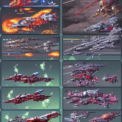 Prompt: set of shmup items , game asset of six different shmup spaceship pixel art 36 bit, game pack, assets, WLOP, Rossdraws, James Jean, Andrei Riabovitchev, Marc Simonetti, and Sakimichan, trending on artstation , assets, HD , strong contrast, pixel art 36 bit