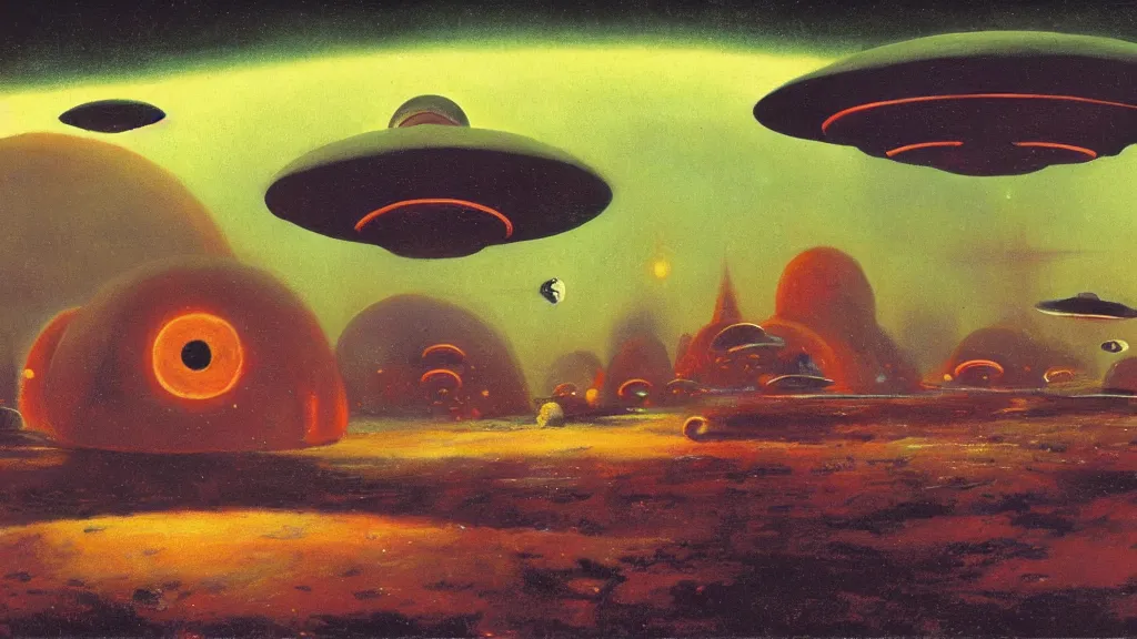 Image similar to flying saucer invaders by paul lehr and john schoenherr, cinematic matte painting