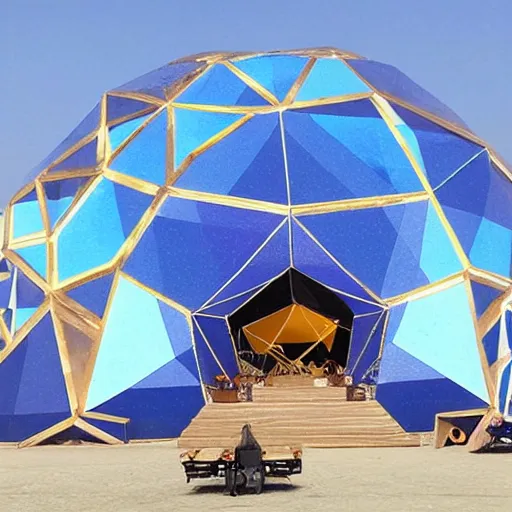 Image similar to epic geometric cat shaped canvas dome stage installation burning man playa