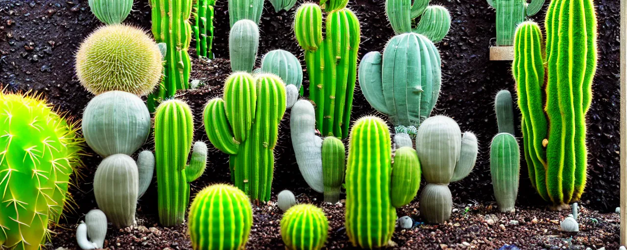 Prompt: mushroom-shaped electrostatic water condensation collector tower, irrigation, vertical gardens, cacti, in the desert, XF IQ4, 150MP, 50mm, F1.4, ISO 200, 1/160s, natural light