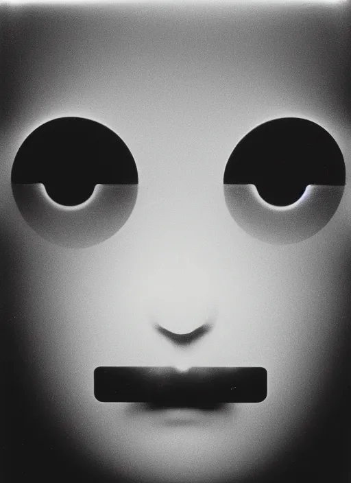 Image similar to realistic object photo of a face made pure transparent plastic white, bokeh, grain, man ray, x - ray, electronic microscope, front view, symmetric 1 9 9 0, life magazine photo