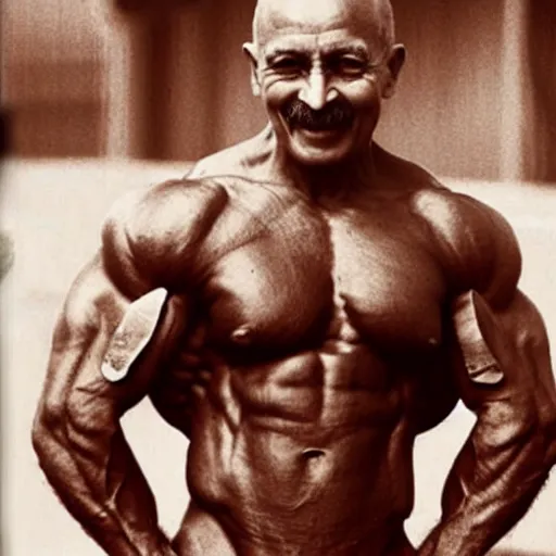 Image similar to mahatma ghandi bodybuilder, muscular, macho, photo,