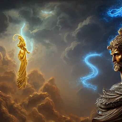 Image similar to Character concept art, Digital Paint, Zeus, God, Character Design, Digital Art, Gold Light, Blue Mist, 8K, insanely detailed and intricate, ornate, hyper realistic, super detailed, Cloudy background, Trending on Artstation, in the style of James Jean