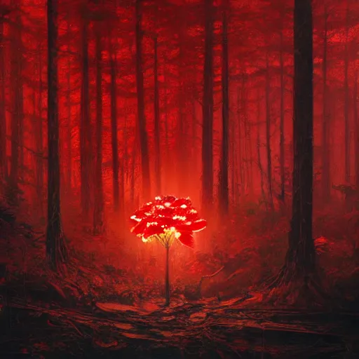 Prompt: A highly detailed oil painting of a blood red, crystal flower glowing bright red in the middle of a dark forest, by Greg Rutkowski.