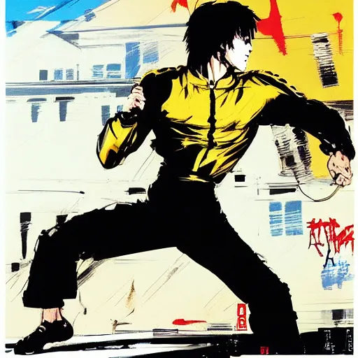 Image similar to a kick by Bruce Lee wearing a yellow jumpsuit by Yoji Shinkawa and Ashley Wood