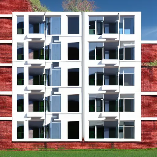 Prompt: digital render of a white multi storey house. windows are stained glass voroni pattern. plants in pots both sides door. architectural render.