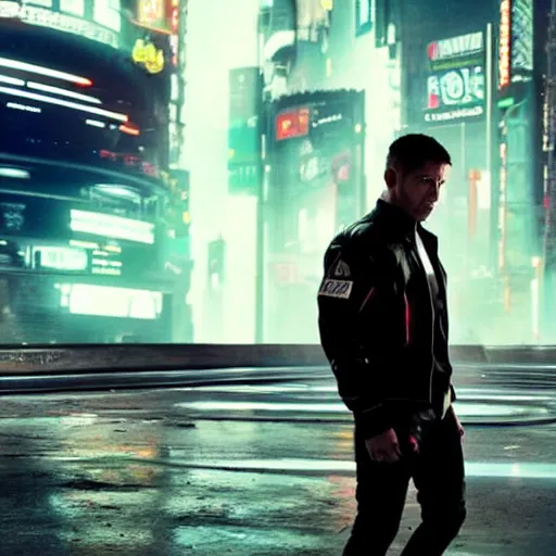 Image similar to cyberpunk Street racer wearing white shirt and black jacket standing next to red Lancer Evolution X 2077 FRS GTR R35 S15 C3 scene from Bladerunner 2049 Roger Deakins Cinematography movie still 2017