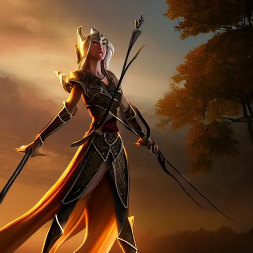 Prompt: a tall and slender female high elf ranger holds a fully drawn longbow towards the sky. fantasy, 4k, crisp lighting