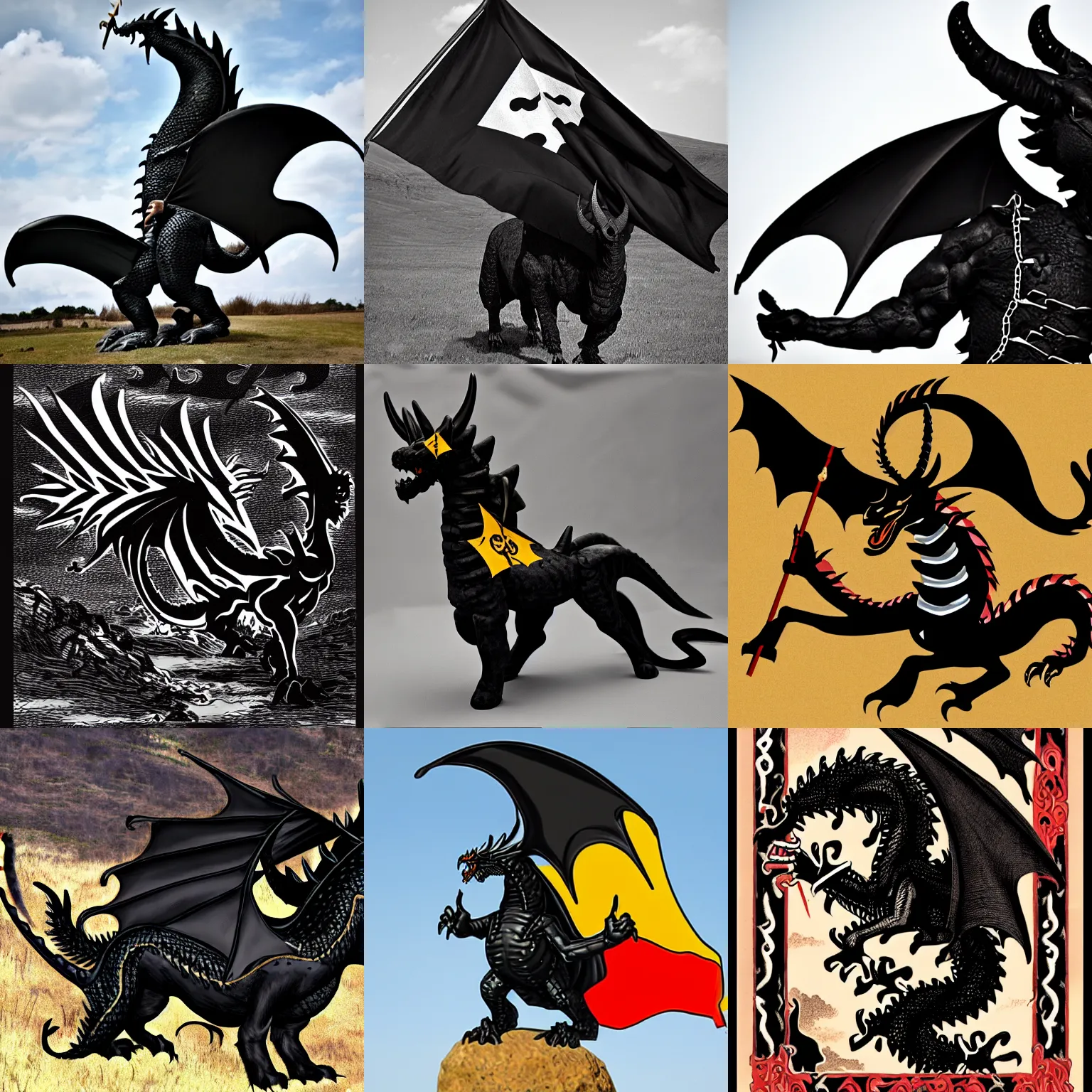 Image similar to a black western dragon with four horns waving a Haskell flag