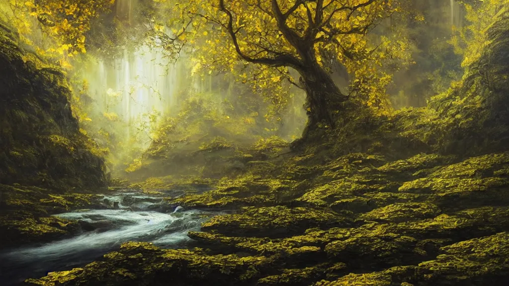 Prompt: A beautiful, highly detailed, very realistic oil painting of a single tree with lots of golden and bright glowing green leaves, next to a small river made of pure gold in the middle of a huge, very dark cave, with lots of dark grey rocks, oil painting by Greg Rutkowski.