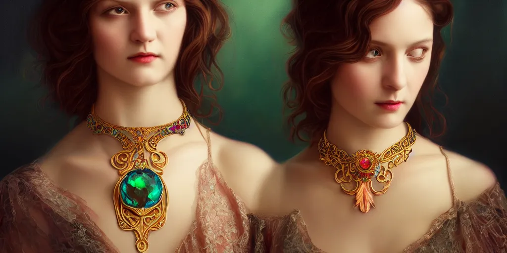 Image similar to highly detailed oil painting, centered in image, art nouveau, ornate, delicate, brilliant magical gemstones choker, around a neck, octane render, realistic, dramatic light,