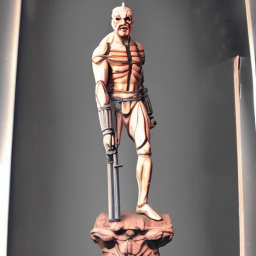 Prompt: photo of a highly detailled marble statue of darth maul, muscular man, star wars, old greek, sculpture, highly detailled