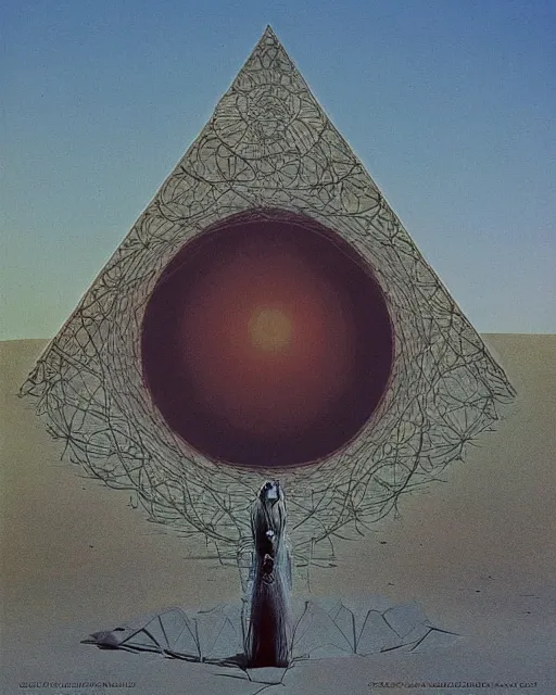 Prompt: a strange big sacred geometry pagan otherworldly monument in the middle of a desert, uncomfortable atmosphere, very expressive, powerful painting, collab by dali, carrington and beksinski