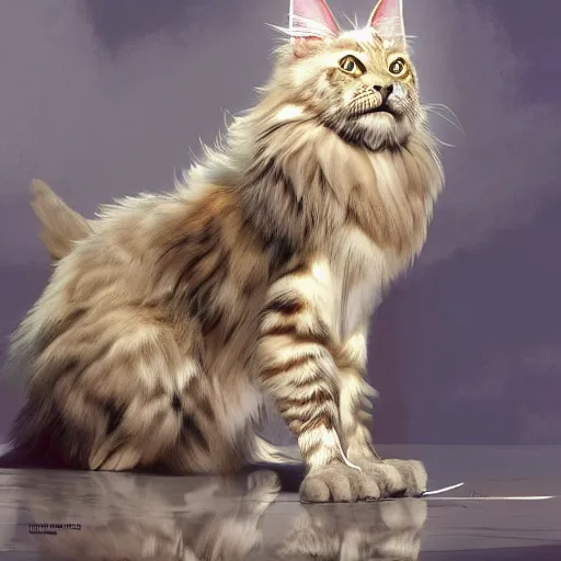 Image similar to maine coon, anthropomorphic large maine coon, bipedal, muskateer outfit, aware. furry. character concept, digital painting, artstation, concept art, smooth, super sharp focus, illustration, art by artgerm and h r giger and alphonse mucha