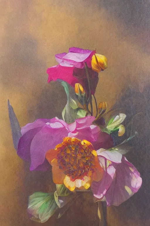 Image similar to oil painting of a neglected flower, multi chromatic, single area of attention, still life, soft outlines, elegant and refined painting, fully rendered light to shadow