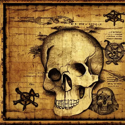 Image similar to old torn treasure map showing the treasure of skull island, pirates treasure map, high detail, high res, hyperrealistic,