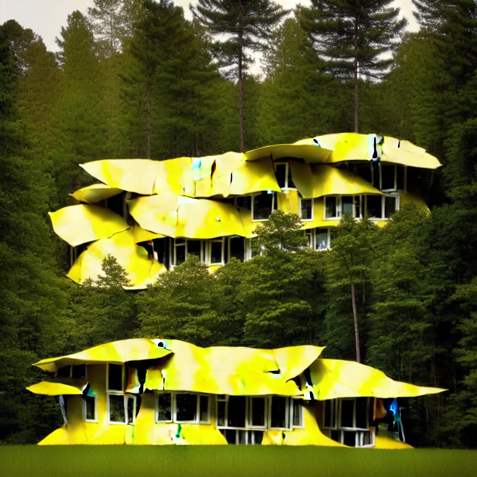 Image similar to a flat house from far away with big tiles, in a forest, designed by Frank Gehry. Film grain, cinematic, yellow hue