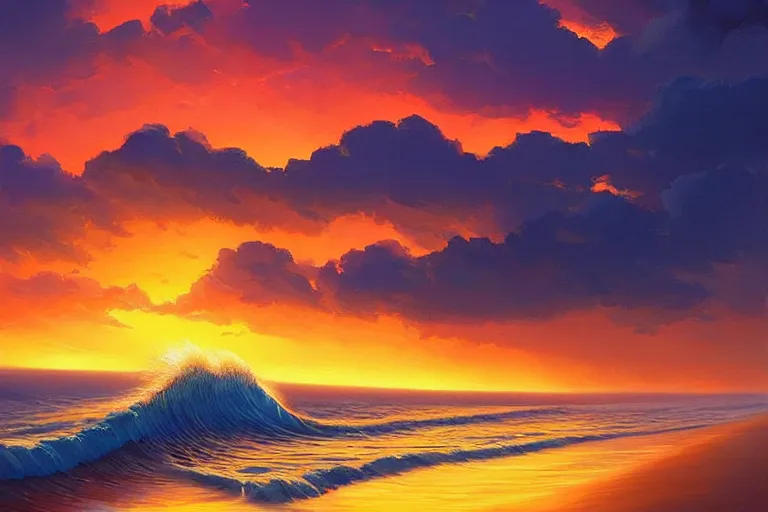 Prompt: a beautiful nature landscape with clouds, ocean waves, sunset, by rhads