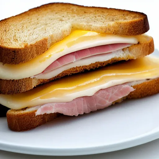 Prompt: a ham and cheese sandwich on white bread, sitting on a thick old book. high definition photograph